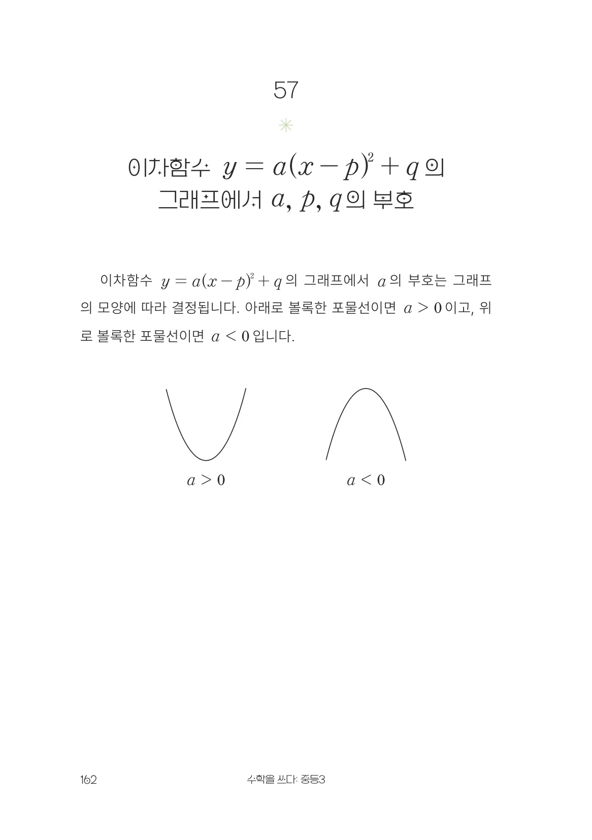 이차함수 y = a(x - p)² + q 의 그래프에서 a, p, q 의 부호 개념 원문 페이지