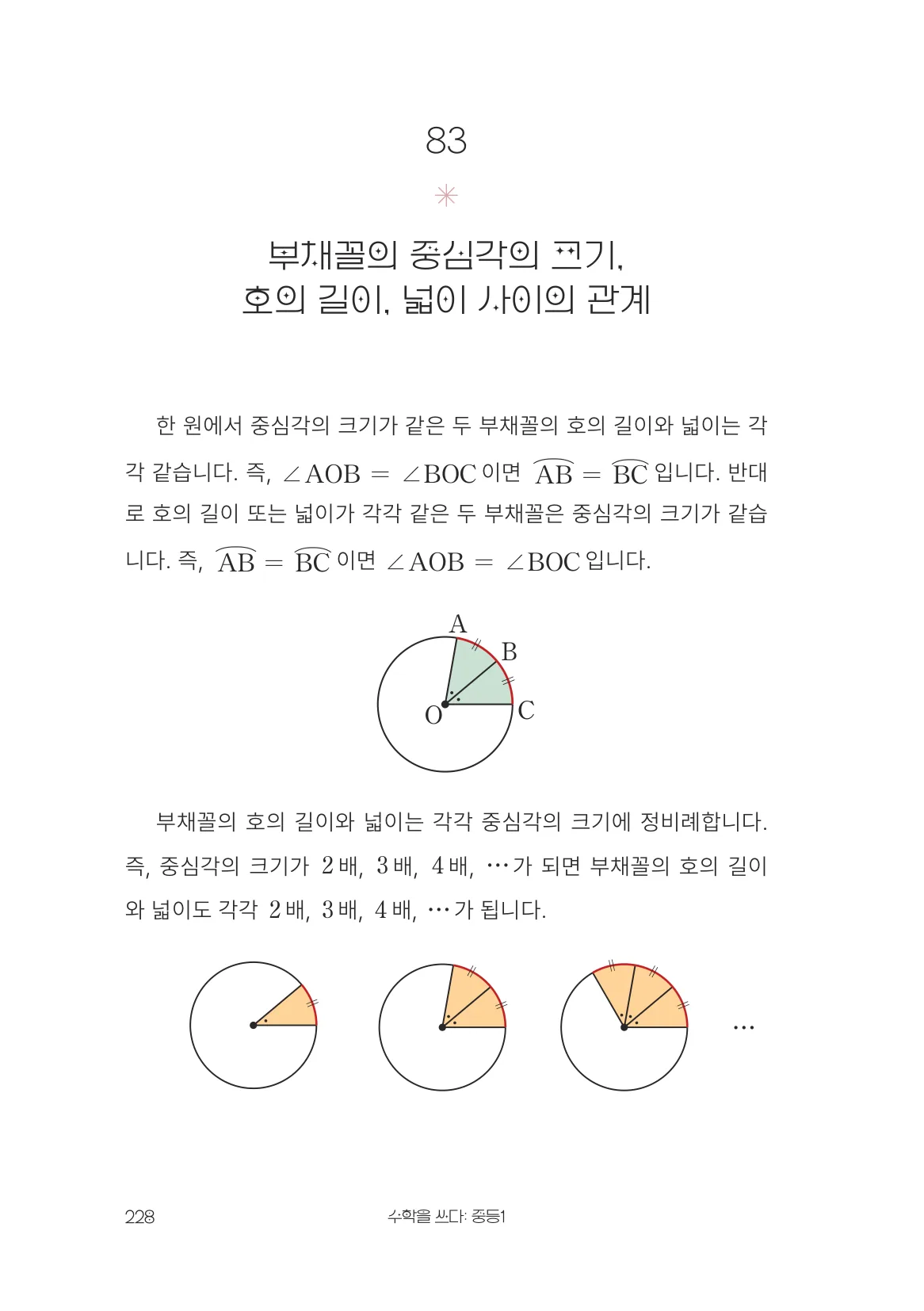 부채꼴의 중심각의 크기, 호의 길이, 넓이 사이의 관계 개념 원문 페이지