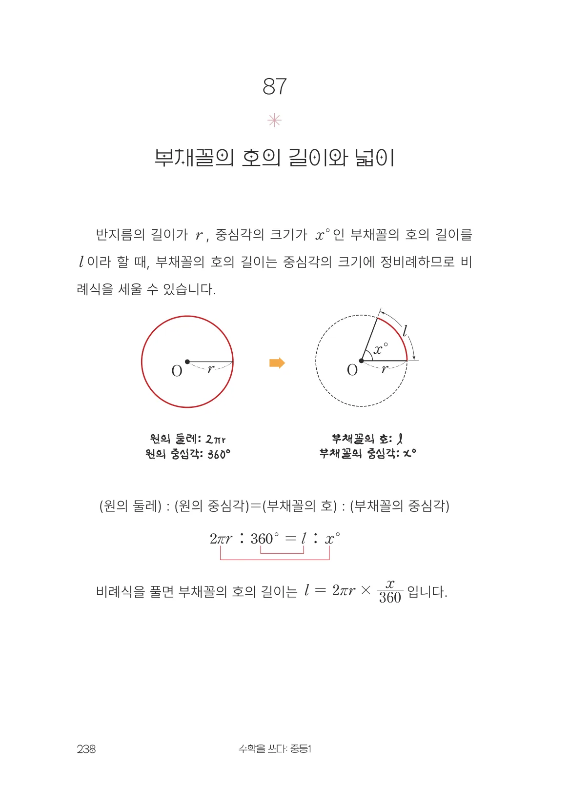 부채꼴의 호의 길이와 넓이 개념 원문 페이지